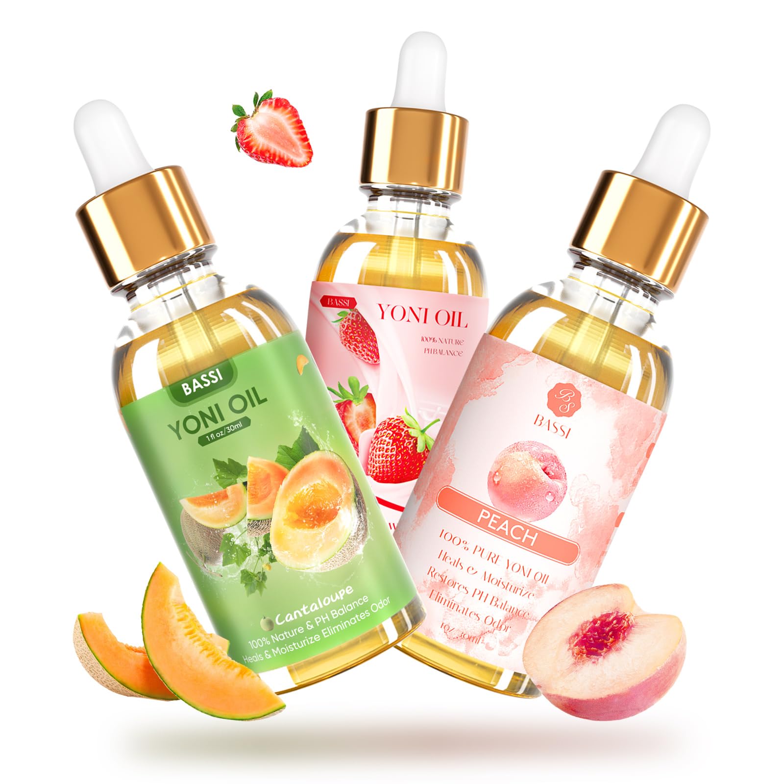 3 PCS Natural Yoni Oil for Women - Yoni Care Oil -Feminine Oil Vaginal Moisturizer - Reduces Odor Restores pH Balance Helps with Vaginal Itch Herbal Yoni Blend with Strawberry Peach Hami Melon
